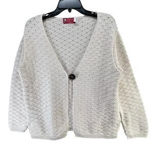 Binghamton Knitting Co Cardigan Womens L Cream Classic Coastal Grandma USA Vtg